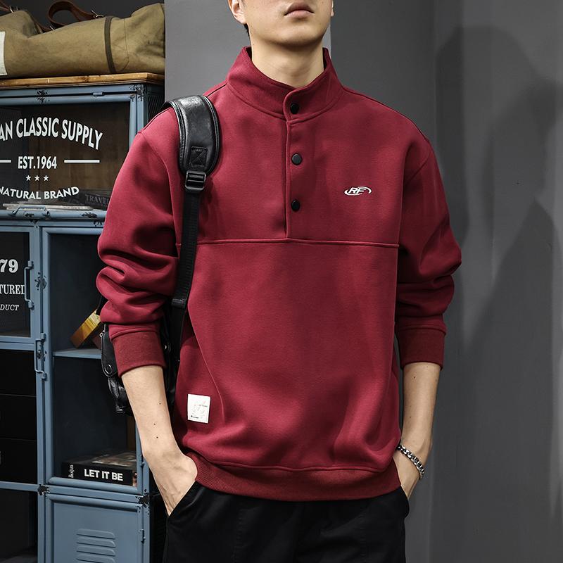 Autumn Heavy Half-Open Polo Neck Sweater Men'S American Trendy Brand Embroidered Outer Wear Long-Sleeved Loose Pullover Casual Jacket