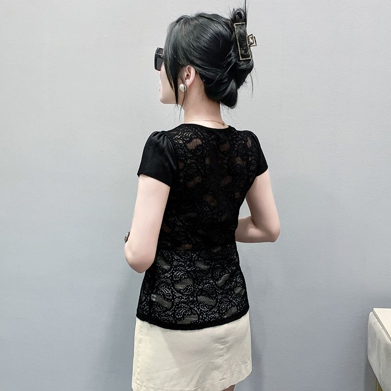 Tricou Clasic de Vară cu Dantelă pentru Dame Haine Sexy Decolteu Pătrat Nasturi cu Perlă Topuri Slim Cămăși Elegante Mânecă Scurtă Tricouri Femei