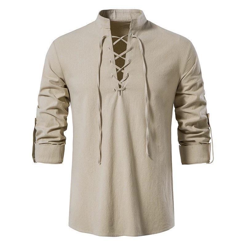 2026 Men's Cotton Henley Hippie Casual Beach Long Sleeve Stand-Up Collar Shirt A275