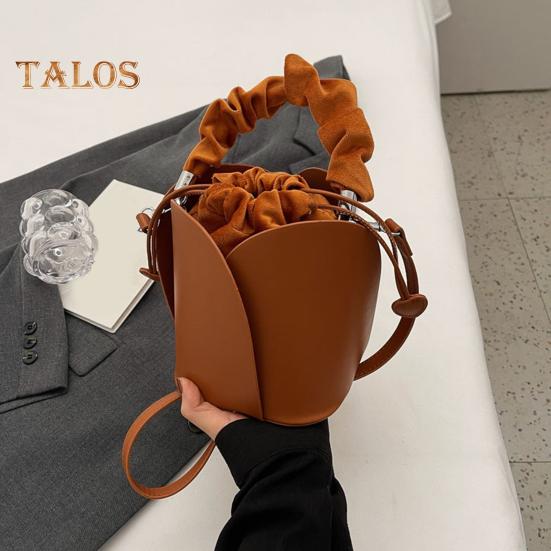 Women's Petal Bucket Bag Vintage Faux Leather Drawstring Handbag with Adjustable Strap Tote Shoulder Purse Crossbody Bag for Shopping Work