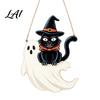 Festive Wooden Wall Hanging Halloween Door Sign Black Cat Bat Pumpkin Plaque with Rustic Sign Jute Rope Farmhouse Front Porch Indoor Outdoor