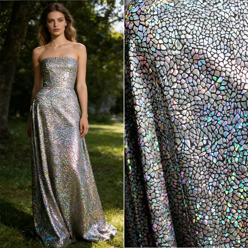 Laser Iridescent Coated Elastic Fabric, Black Base Shining Metallic Designer Fabric for DIY Fashion Show Dresses Stage Costume