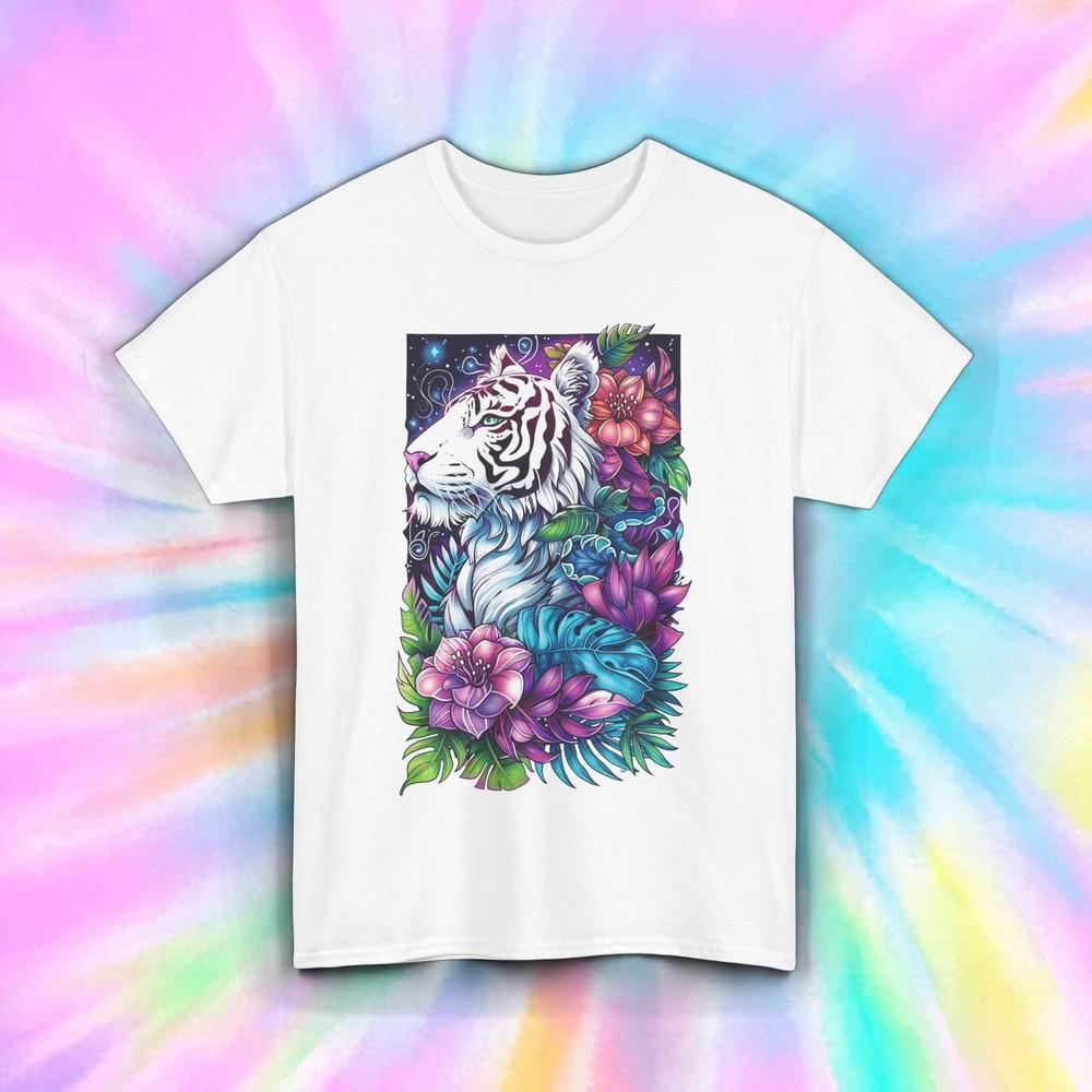 

White Tiger Shirt Fantasy Jungle Art Colorful Floral Animal Tee S-5XL M