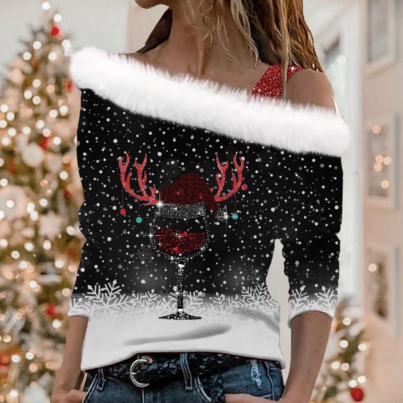 Damski top z długim rękawem z ukośnym kołnierzem Modny damski luźny sweter z nadrukiem świątecznym z odkrytymi ramionami