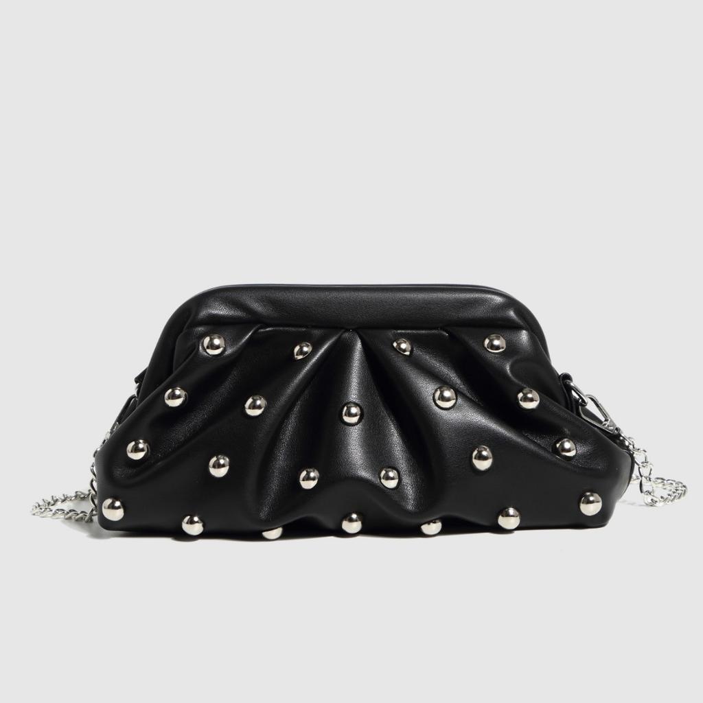 Trendy Shoulder Crossbody Clutch Bag with Mushroom Studs Chain Wrinkled Design Women's Fashion Underarm Bag for Multiple Occasions