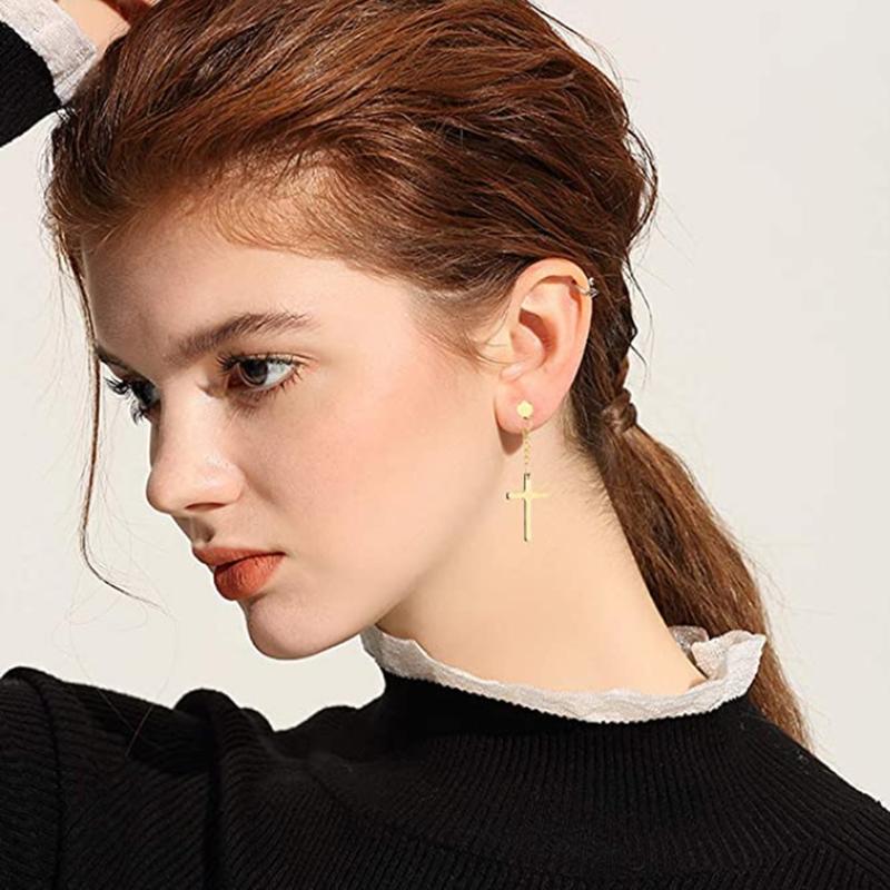 WKOUD 2PCS Stainless Steel No Piercing Cross For Men Kpop Clip On Cross Earring Gothic Punk Fake Ear Cuff Cross Earring Dangle