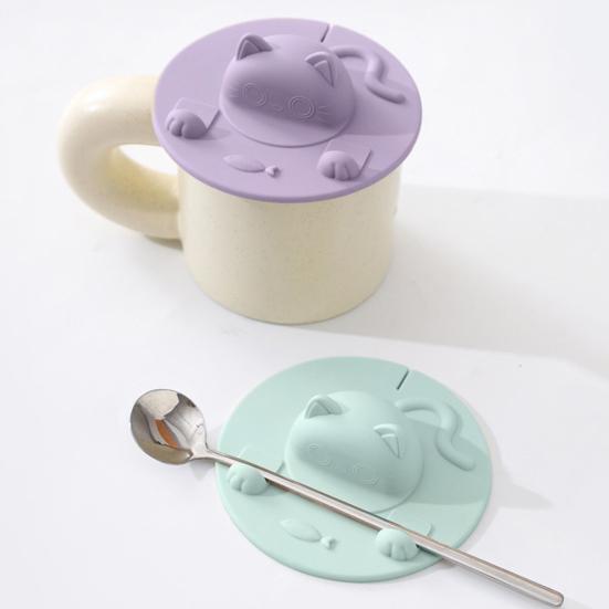Silicone Cup Lid Heat Resistant Non-Slip Cat Head Design Cup Insulator Lid with Tea Bag Holder Dishwasher Safe Cup Cover for Coffee Milk Tea