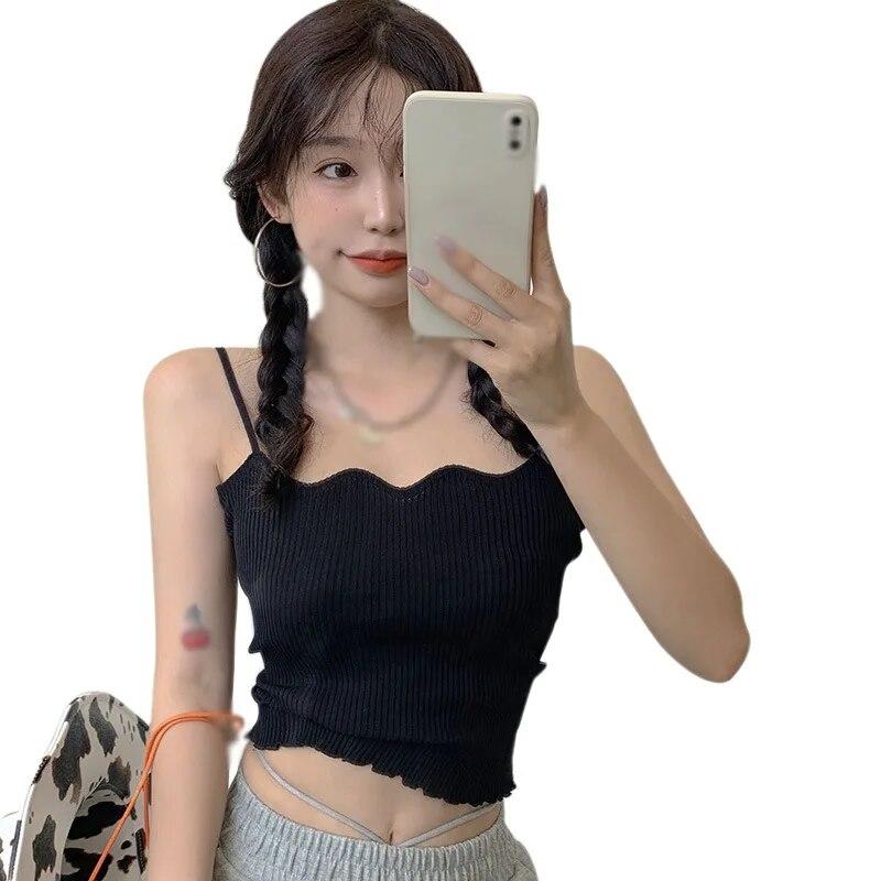 

Женский однотонный тонкий простой пуловер без рукавов, вязаный укороченный топ на бретельках One Size