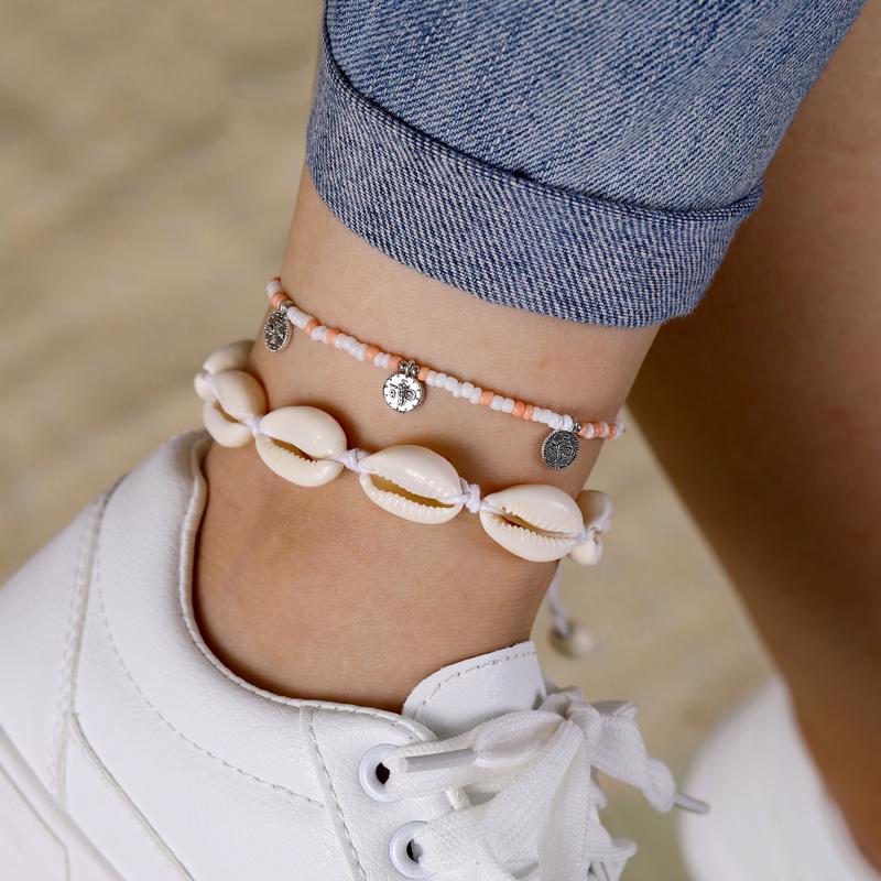 2 Pcs/set Simple Colorful Beads Acrylic Shell Cotton Rope Anklet Set Women Fashion Jewelry Gift