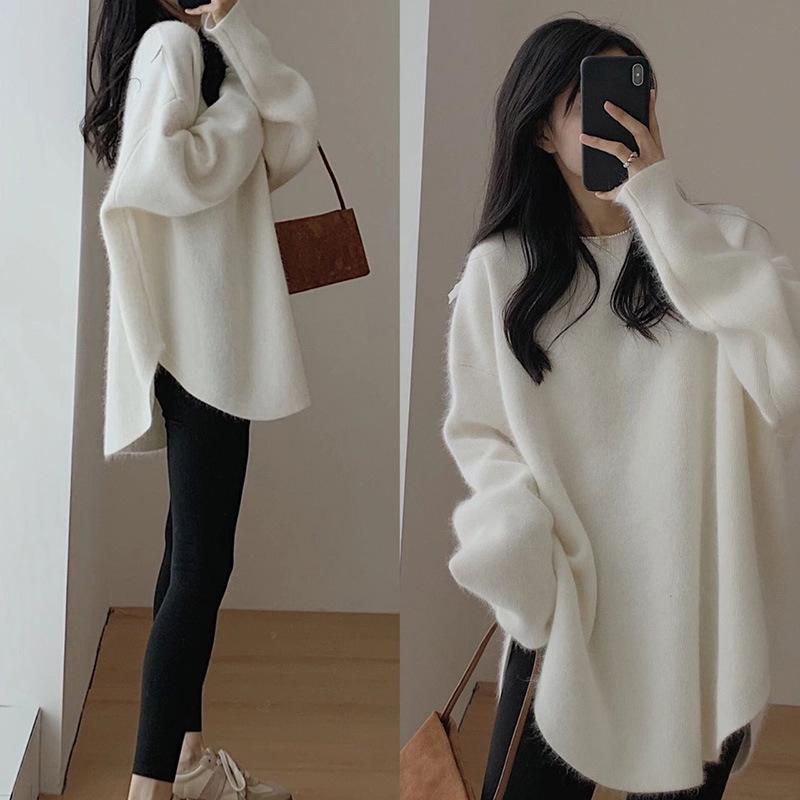 Autumn/Winter Women's Mid-Length French Style Red Sweater - Soft Waxy Knit, Round Neck