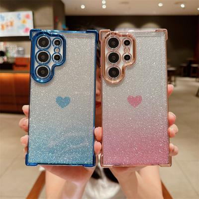 Custodia protettiva anti-caduta in TPU con polvere glitter degradé placcata oro a forma di cuore per Samsung S24 Ultra S23 Plus S22 Note 20