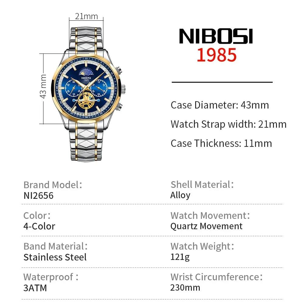 NIBOSI Star Moon Phase Watches Men Top Brand Luxury Automatic Watch for Men Luminous Waterproof Stainless Steel Quartz Clock
