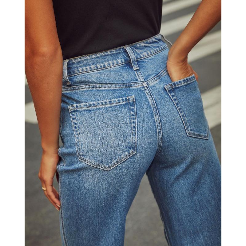 Women's Spring New Stretch Straight Jeans Quality Models Retro Rolled High Waist Trousers