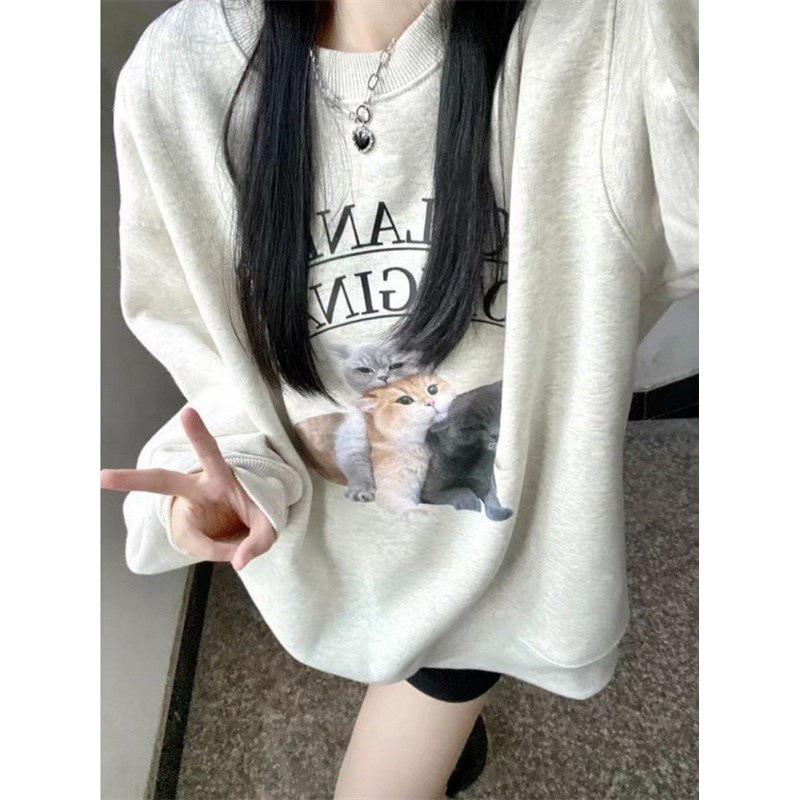 Silver Fox Velvet Pure Cotton Women's Retro Cat Print Sweatshirt - Round Neck, Loose Fit, Autumn Winter Casual Style.