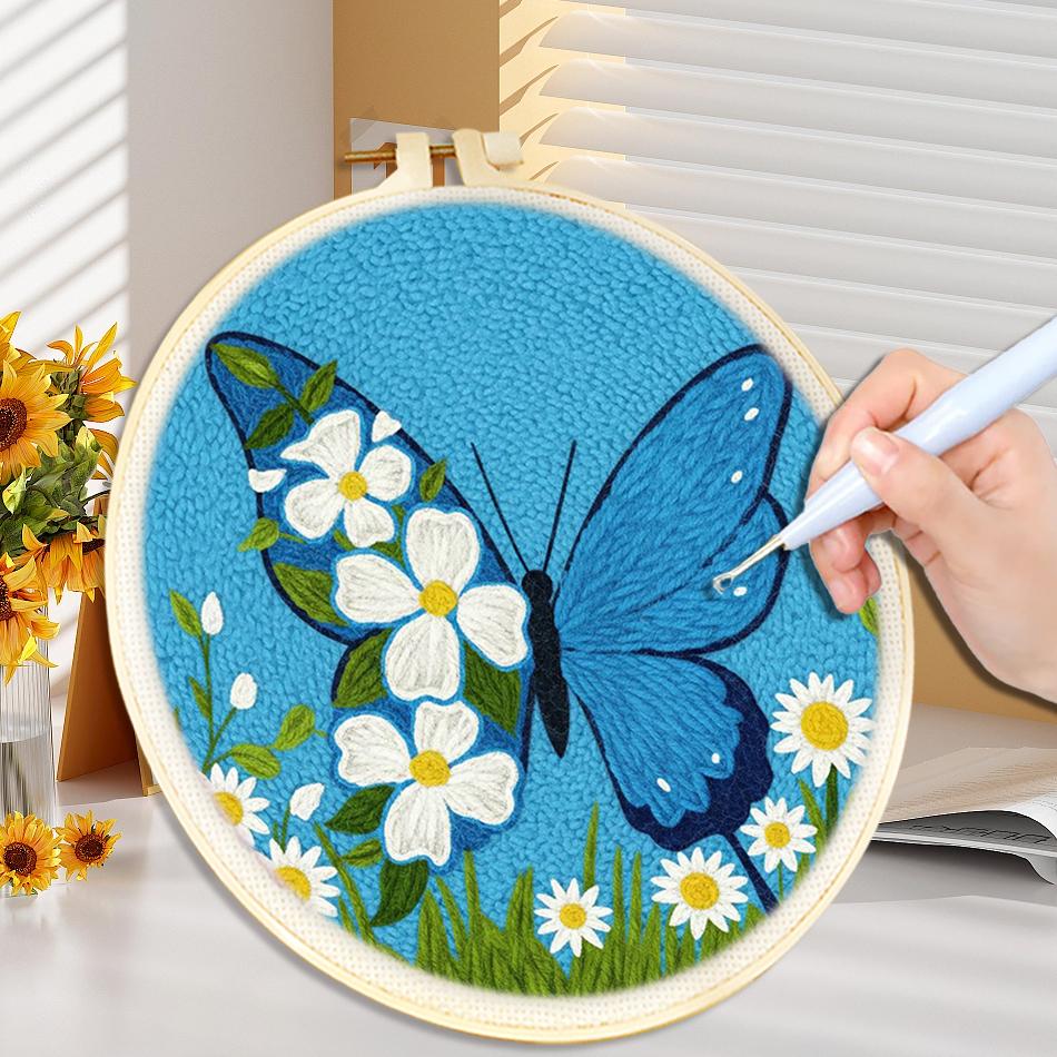 CHENISTORY DIY Punch Needle Kit Bee Butterfly White Flowers 20x20cm With Embroidery Hoop for Beginner Craft Kit Home Wall Decor