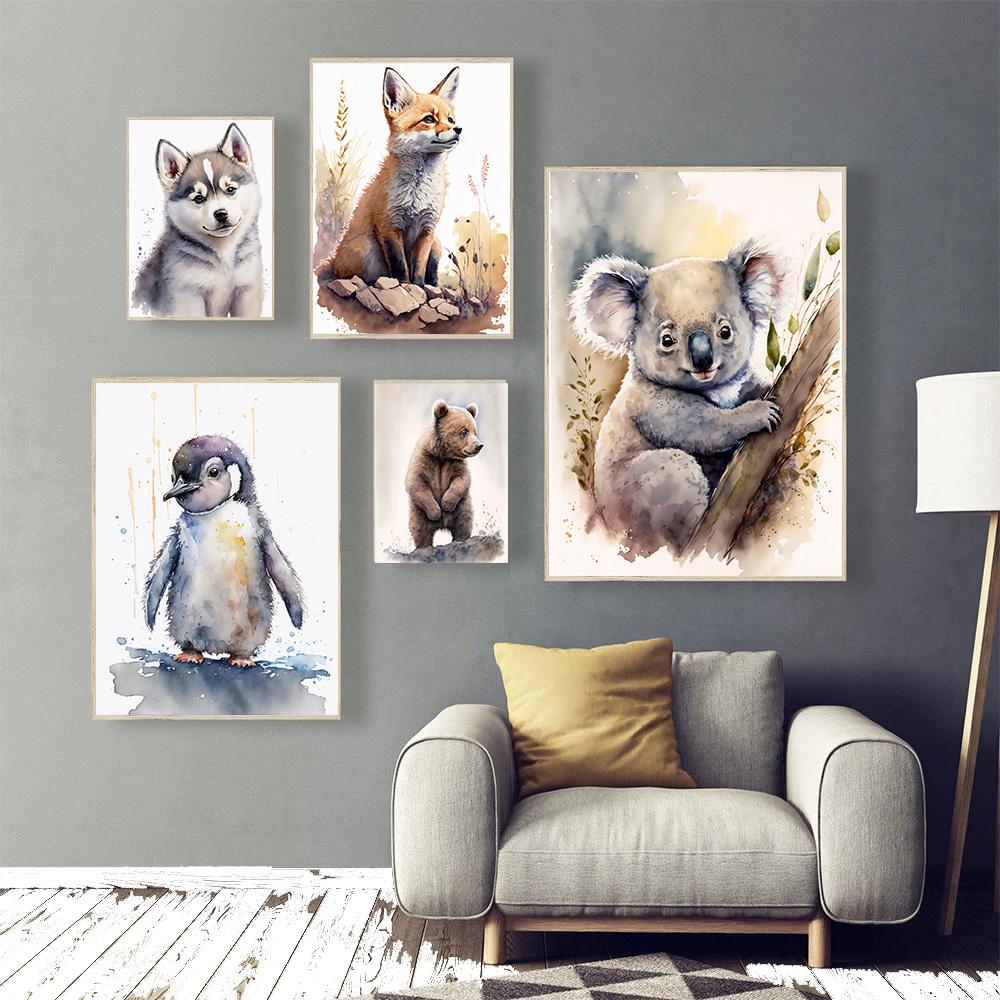 Watercolor Baby Animals Cute Warmth Prints Poster Canvas Painting Modern Wall Art Pictures Living Room Bedroom Home Decoration