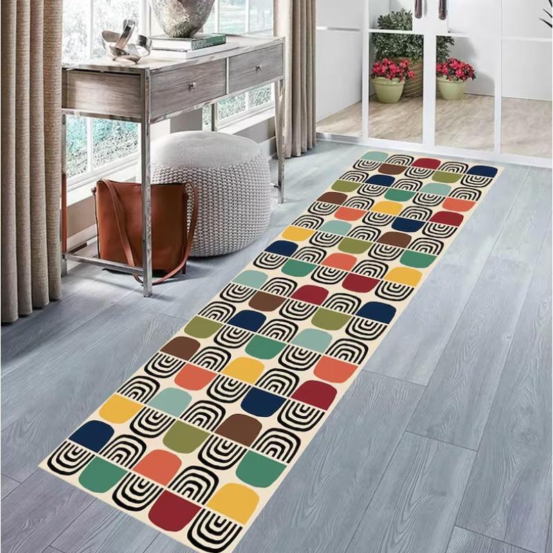 Geometric Abstract Runner Rugs Colorful Square Print Living Room Decor Long Mat Non-Slip Modern Indoor Home Art Decor Carpet