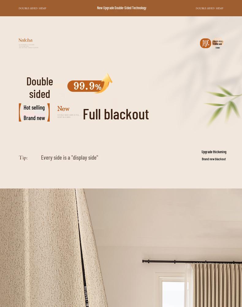 Double-Sided Cream Cotton Linen Blackout Curtains - High-End Feel for Bedroom & Living Room
