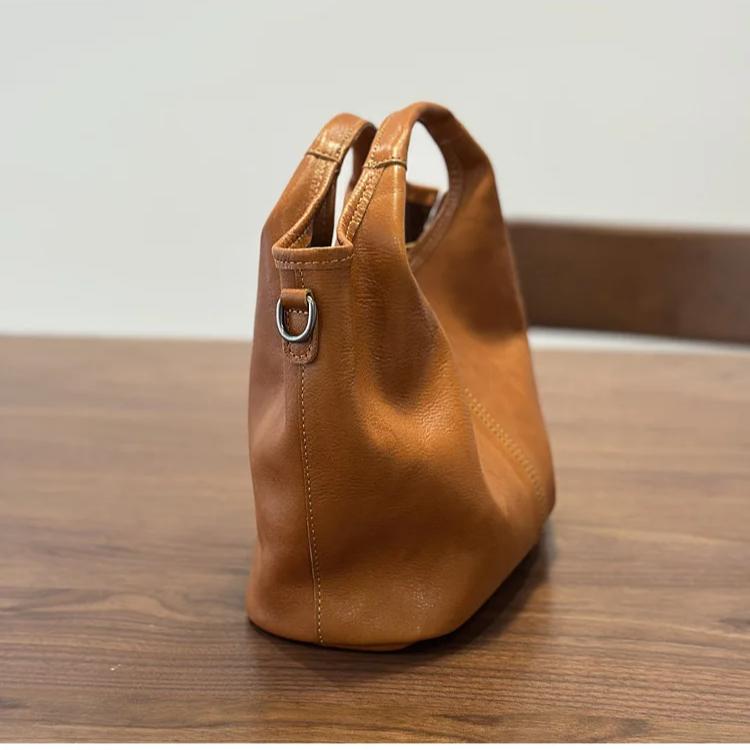 Johnature Geantă de damă din piele naturală, geantă de mână retro, piele de vacă moale, simplă, versatilă, capacitate mare, geantă de umăr