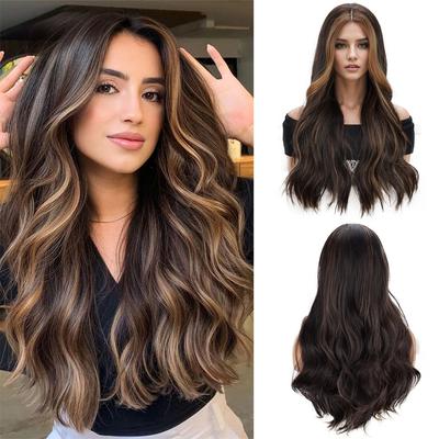 Peruca sintética longa marrom ondulada cacheada parte do meio perucas extensões cabelo castanho natural fibras resistentes ao calor para mulheres cosplay diário