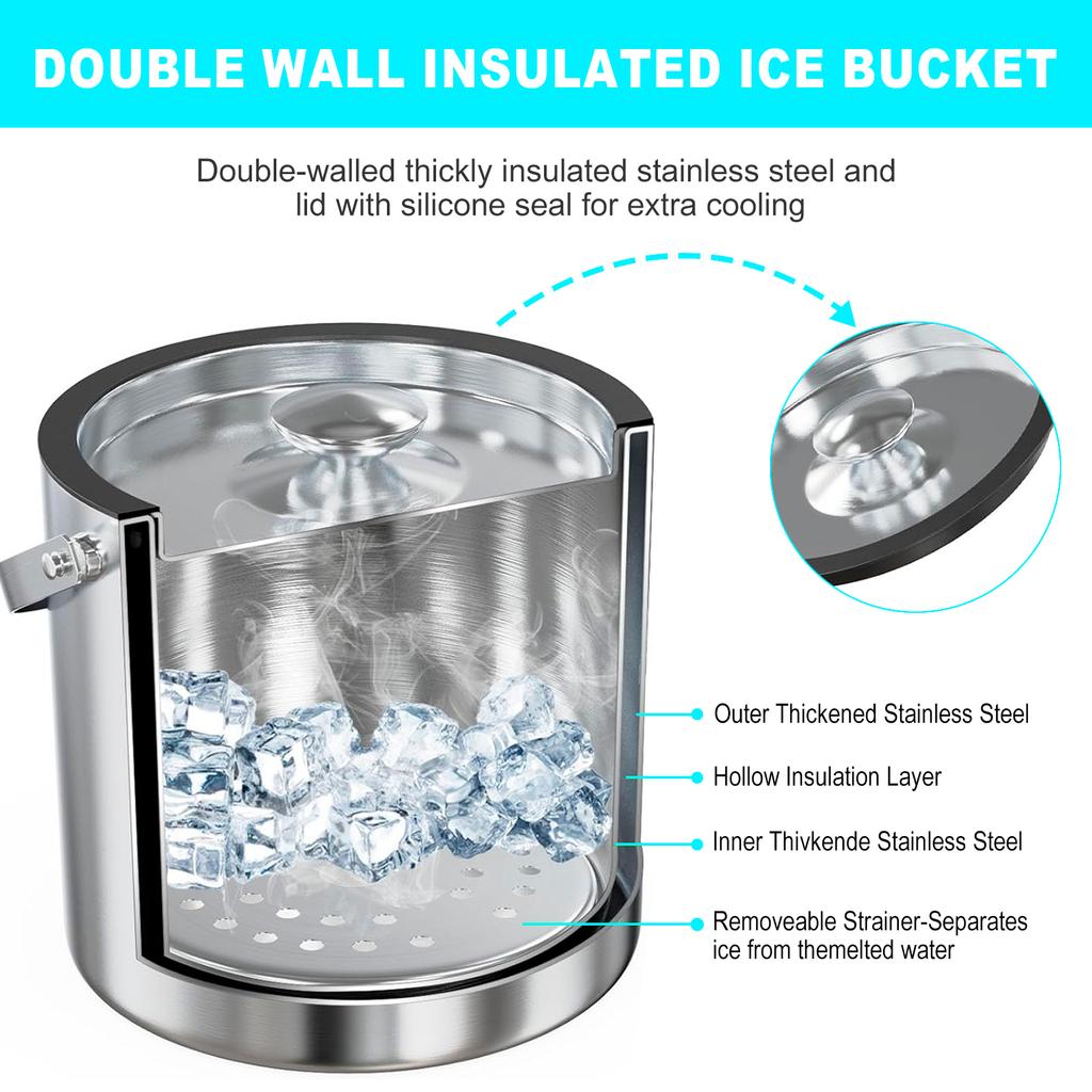 Insulated Ice Bucket with Silicone Lid, Tongs & Strainer, Double Wall Stainless Steel Ice Bucket for Parties and Bar Ice Bucket