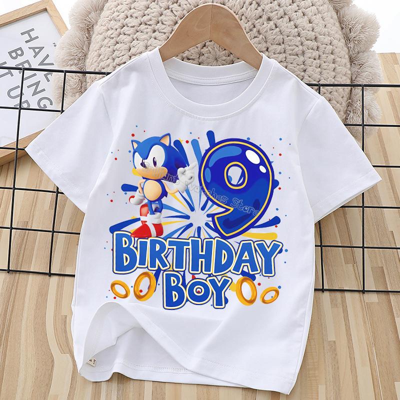 Sonics Birthday Number T-shirt Children Cartoon Tee Top Round Collar Clothing Boys White Short Sleeve Kids Anime Clothes Gift