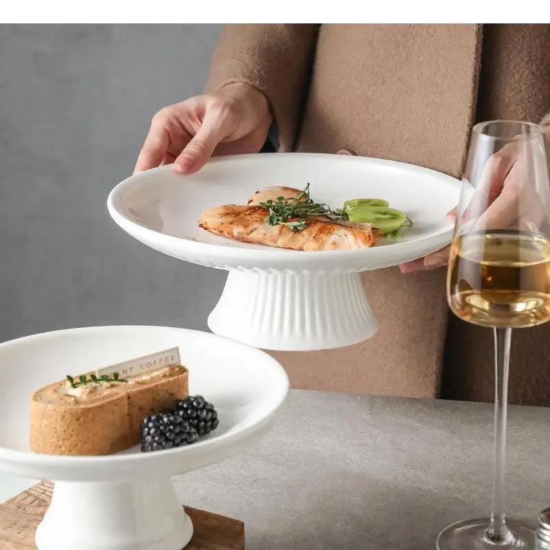 Round High Foot Fruit Tray Ceramic Snacks Dessert Plate Home Solid Color Tableware Bread Cake Display Plates Kitchen Accessories