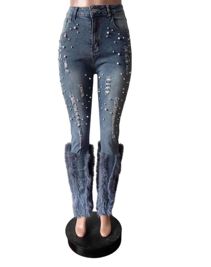 2024 Women's Versatile High-Waisted Distressed Pearl Feather Jeans - European and American Style