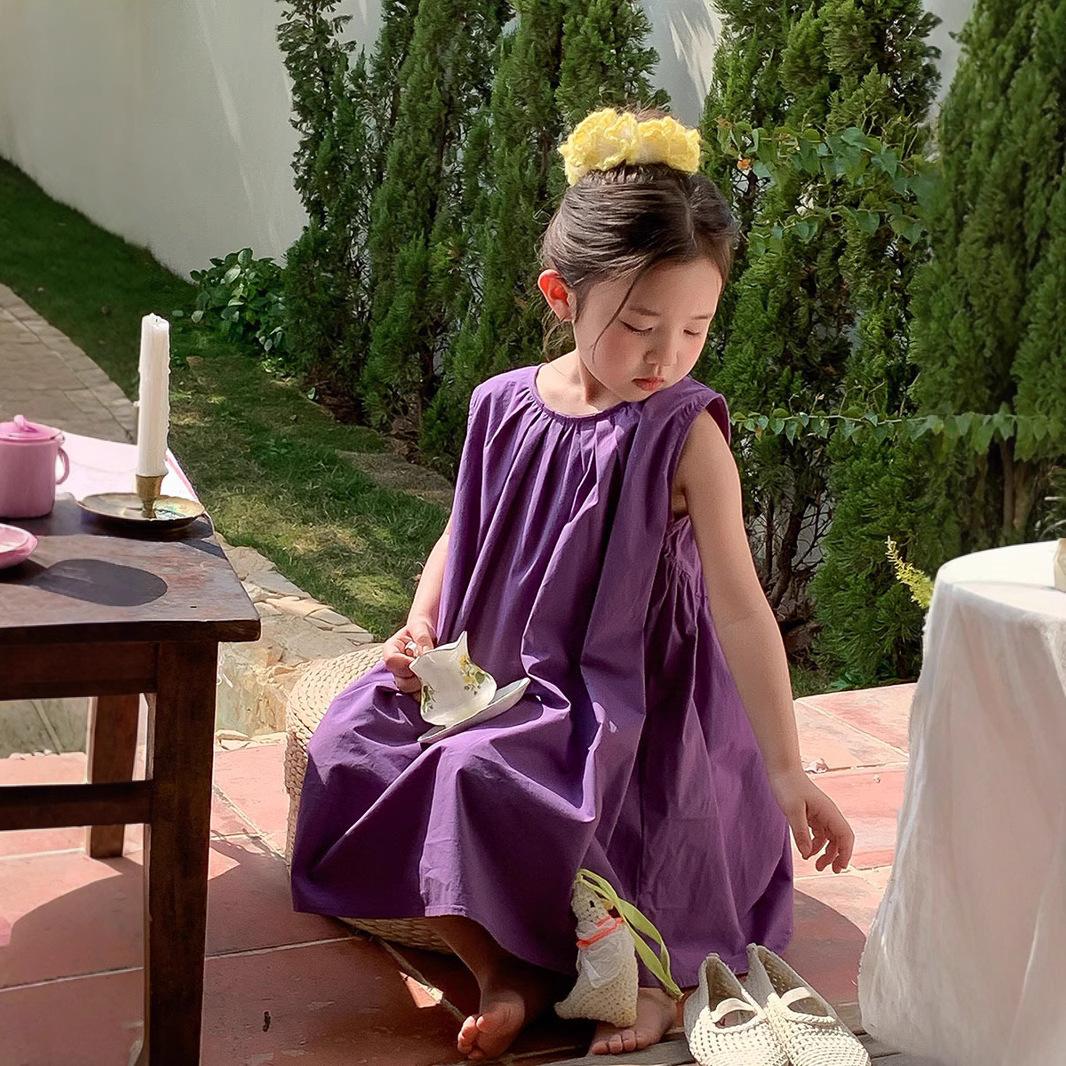 Girls Sweet Sleeveless Shirt Dress Summer Loose Fit Princess Vest Dress Casual Versatile Cotton Blend Sundress For Kids 90cm фиолетовый