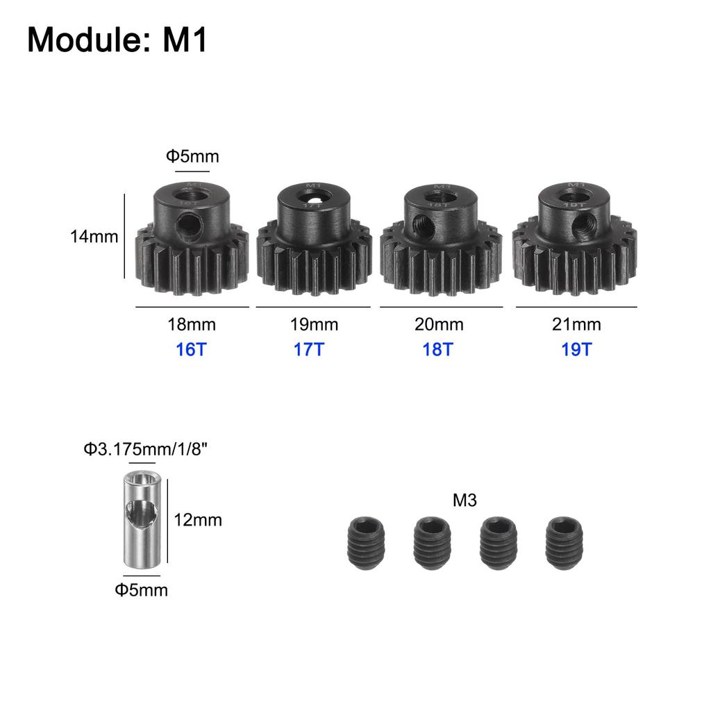 uxcell M1 Mod1 Pinion Gear Set, 5mm Shaft, 16T, 17T, 18T, 19T Motor Gears, Hardened Steel Pinion Gears with 3.17mm Coupler for RC Cars (4 Pieces)