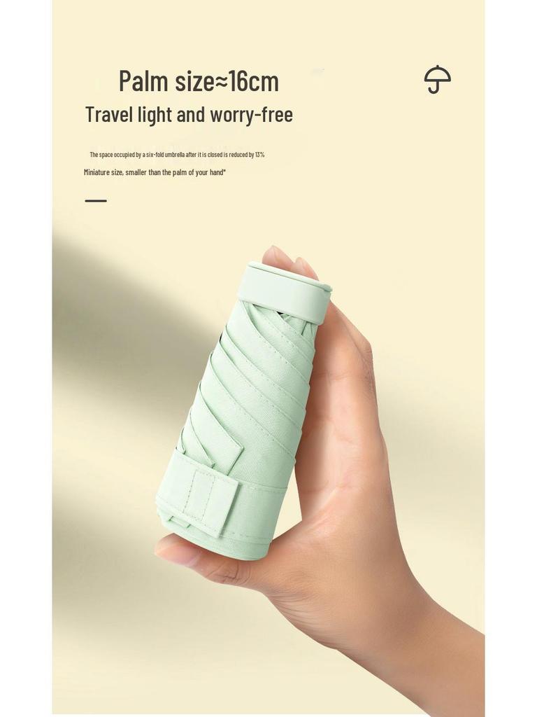 Compact Ultra-Light Six-Fold Capsule Umbrella with Black Glue Sun Protection and Hook