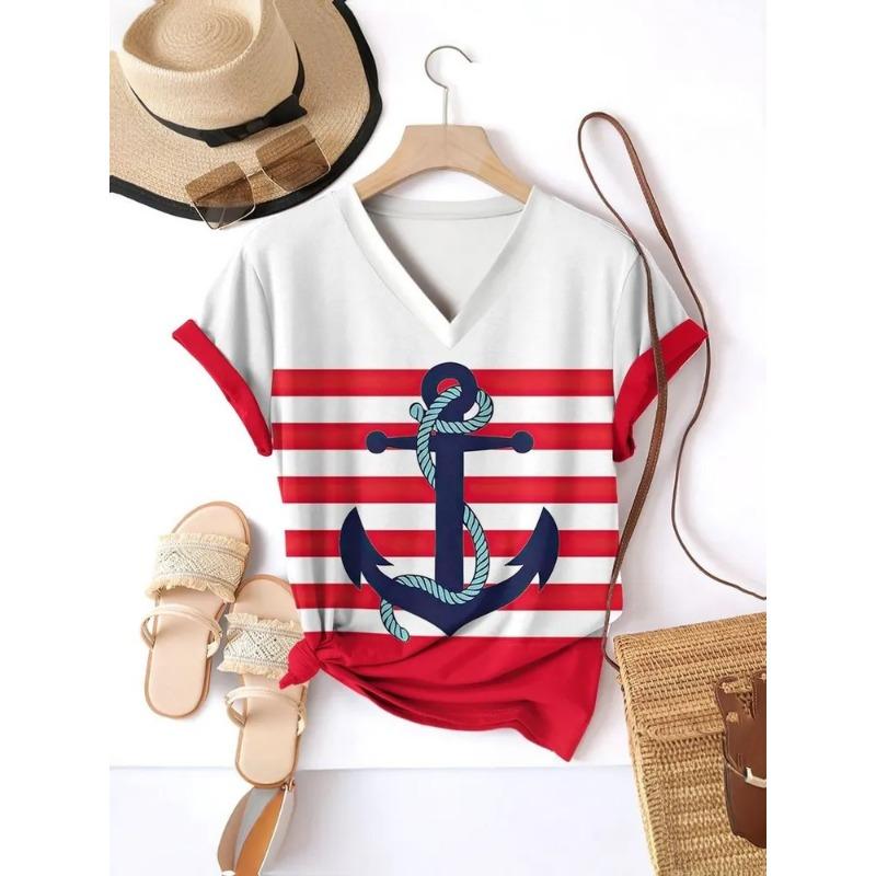 Stripe Graphic 3D T Shirt Women Summer V-Neck Short Sleeve Tops Holiday Casual Tees Woman Streetwear Oversized T-shirt