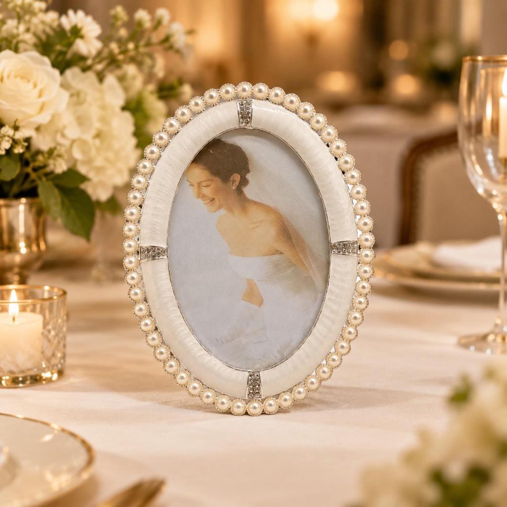 Oval Pearlized Silver Photo Frame with Jeweled Accents Elegant Metal Picture