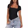 Womens Sexy Square Neck Double Lined Shirt Stretchy Basic Short Sleeve Going Out Thong Bodysuit Tops
