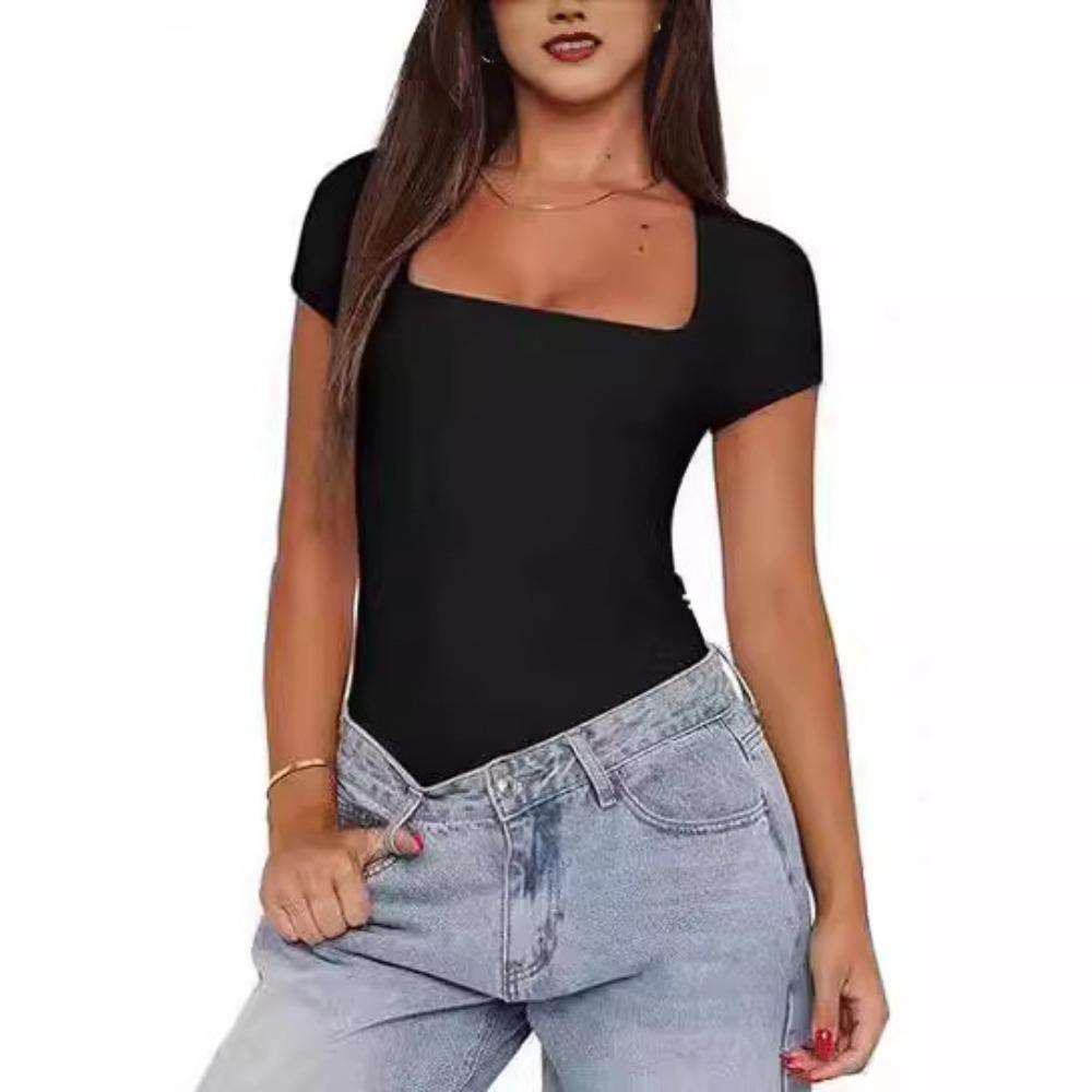 Womens Sexy Square Neck Double Lined Shirt Stretchy Basic Short Sleeve Going Out Thong Bodysuit Tops