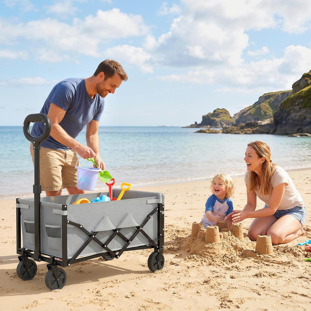 60L Foldable Festival Trolley on Wheels, Collapsible Wagon Cart with Drop-Down Tailgate, Adjustable Handle, Grey