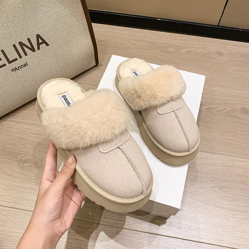 Processing custom winter half-drag thick-soled velvet fur integrated non-slip thick-soled comfortable warm cotton shoes boots women's shoes