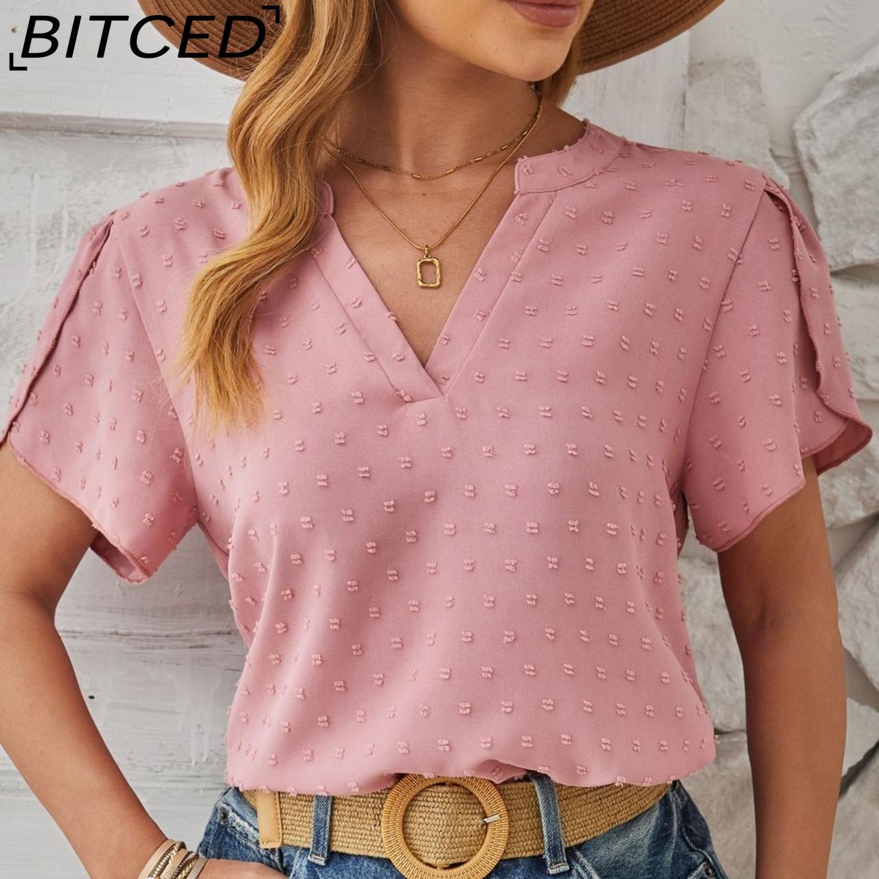 

BITCED Women s Spring/Summer V-neck Chiffon Hairball Top Petal-sleeved Commuter Shirt
