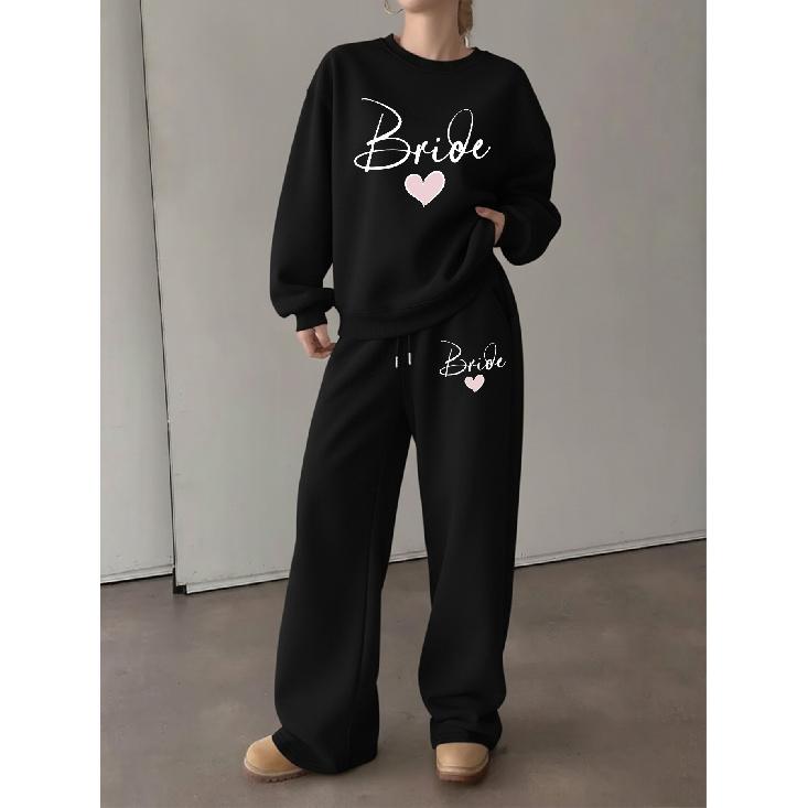 Women's Fall/Winter Crewneck Sweatshirt & Wide-Leg Pants 2-Piece Set - Soft Printed Long Sleeve Loungewear & Autumn Outfit