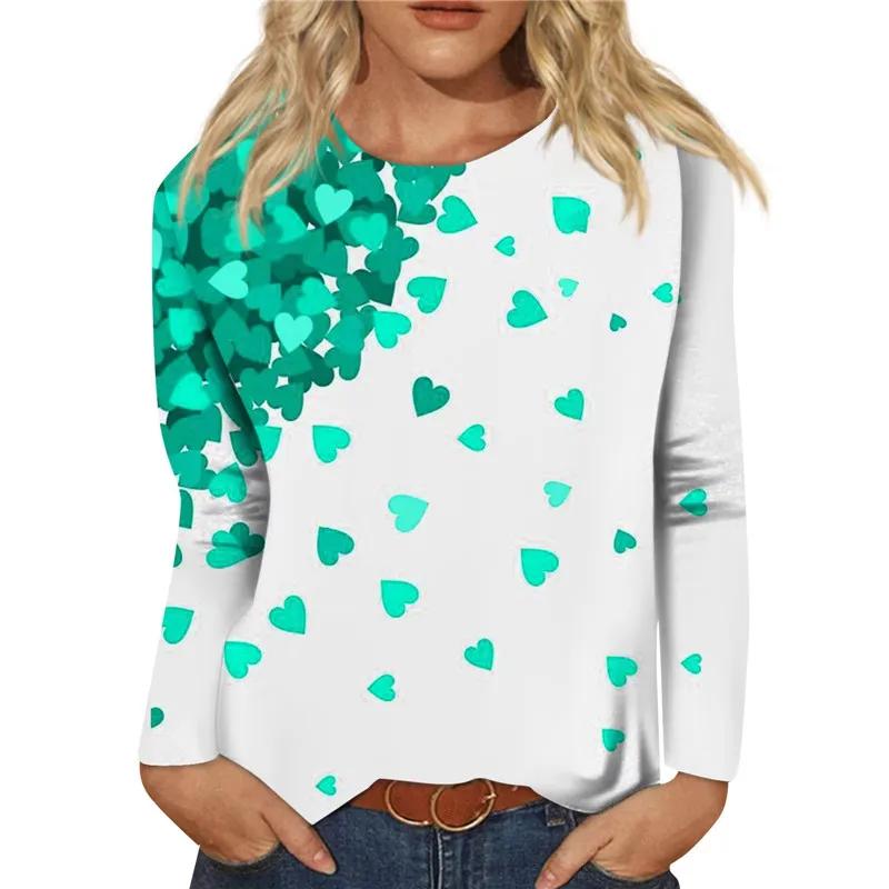 Women's Casual Long-sleeved T-shirt with Red Rose Heart Shape and Black Polka Dot Print Spring/Autumn Fashion Top