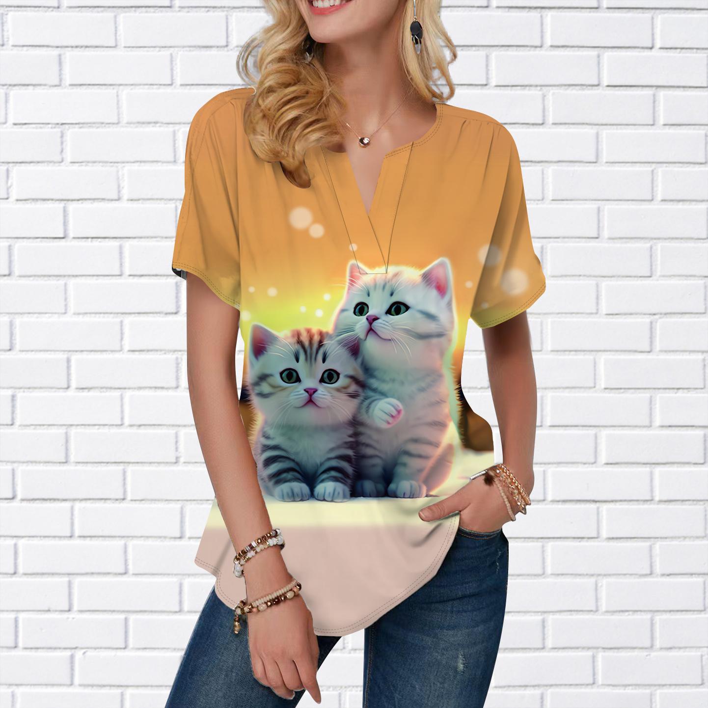

Женская летняя футболка с радужным принтом кота, футболки с короткими рукавами, повседневные топы с принтом, маленький v-образный вырез с короткими рукавами 8XL оранжевый