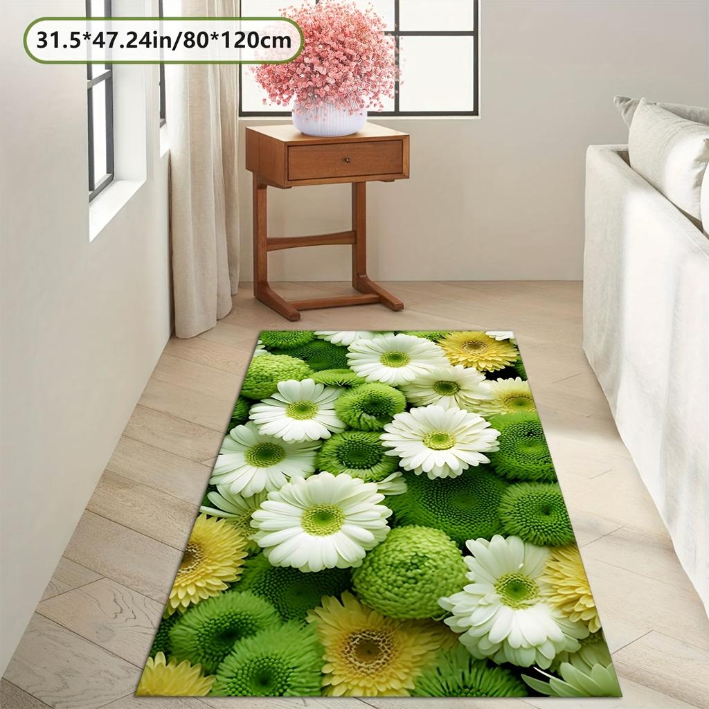 Green Fresh Natural Chamomile Moss Pattern Area Rug, Machine Washable Unnapped Woven Polyester, Soft Comfortable, ideal for Living Room, Bedroom