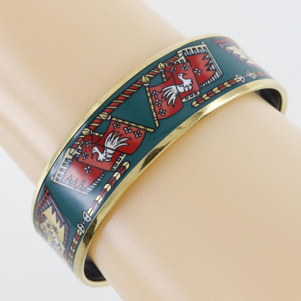 HERMES EmailGM Bangle Flag & Bird cloisonne Green Plated Gold 35g Women Used