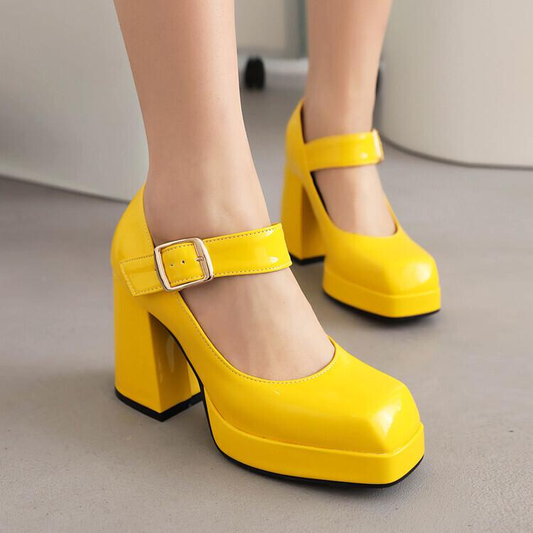 

Autumn new thick heel waterproof table shoes one-word buckle patent leather shoes 35