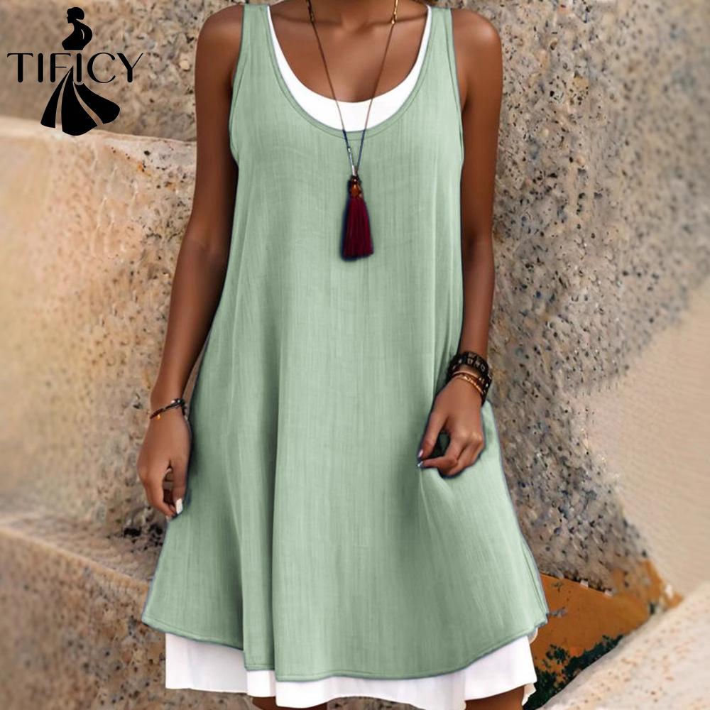 TIFICY Damenmode Sommer Frühling Einfarbig Druck Ärmellos U-Ausschnitt Lockere Taille Freizeitkleider