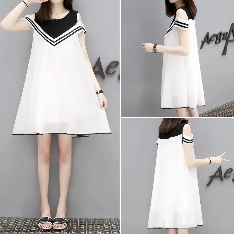 Summer new Korean version of the fake two large size women's short-sleeved long chiffon dress