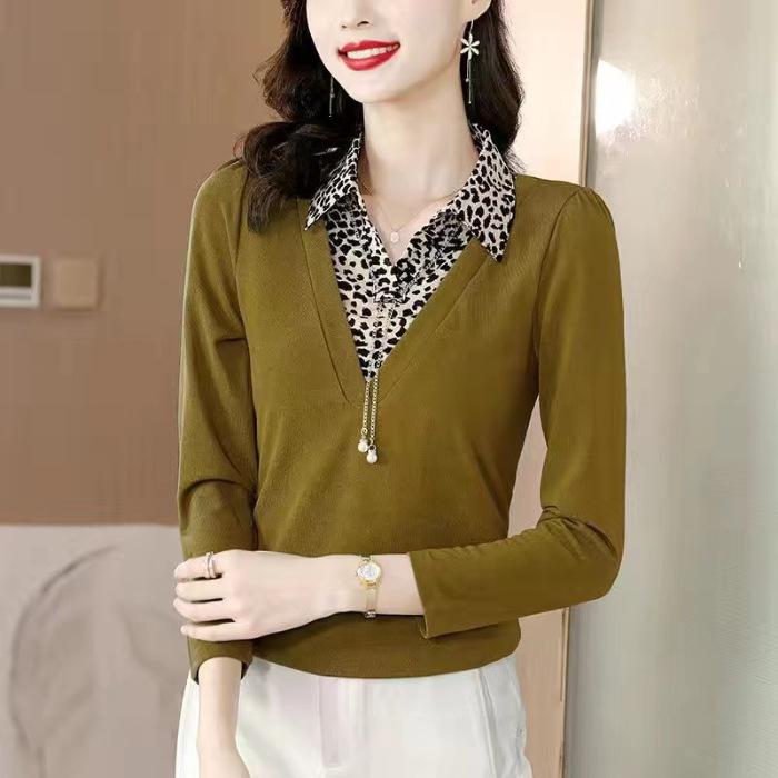 New Fashionable T-shirt for Women's Fake Two-piece Tops Long-sleeved Mother Spring and Autumn Clothes T-shirt Small Shirt Large Size Base Shirt