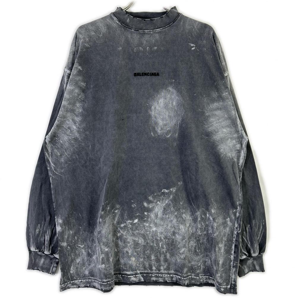 BALENCIAGA 796917 Back Logo Damaged Long Sleeve T-Shirt tops 2 grayUsed