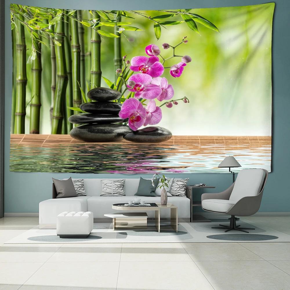 Morning Glory Stone Bamboo Grove Tapestry Wall Hanging Simple Modern Art Landscape Hippie Home Decor Background Cloth