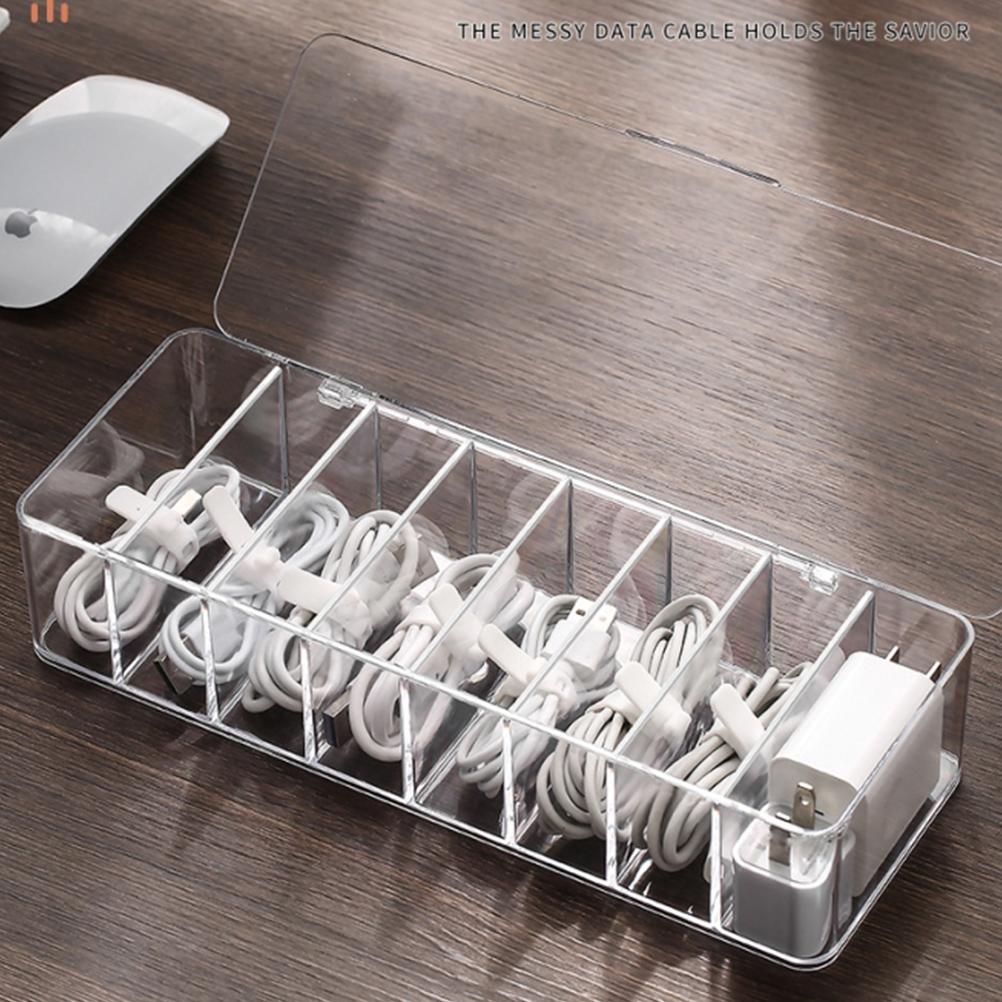 8 Grids Clear Plastic Cable Storage Box Data Cable Storage Container Save Space Cable Management
